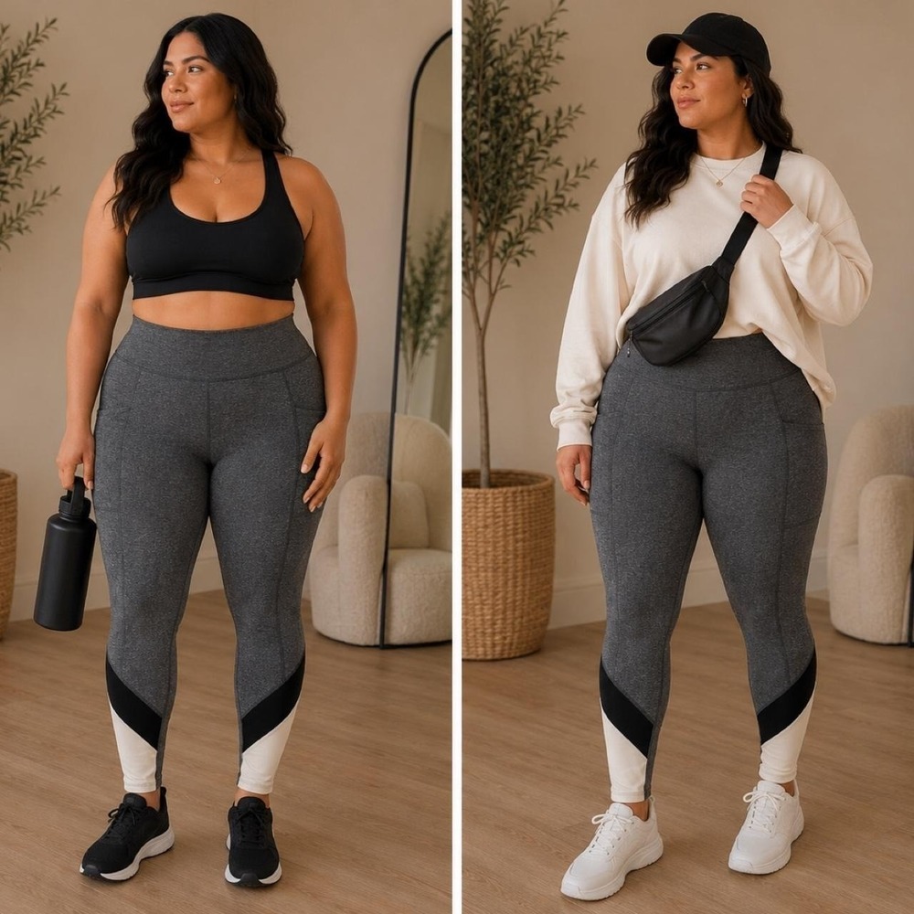 Active Queens Gray Colorblock Pocket Leggings 1X NWT High Rise Pilates Gym Yoga
